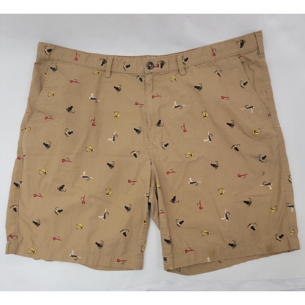 EDDIE BAUER Mens Shorts Sz 42 Brown Camano Fly Fishing Lures Hooks AOP Outdoors